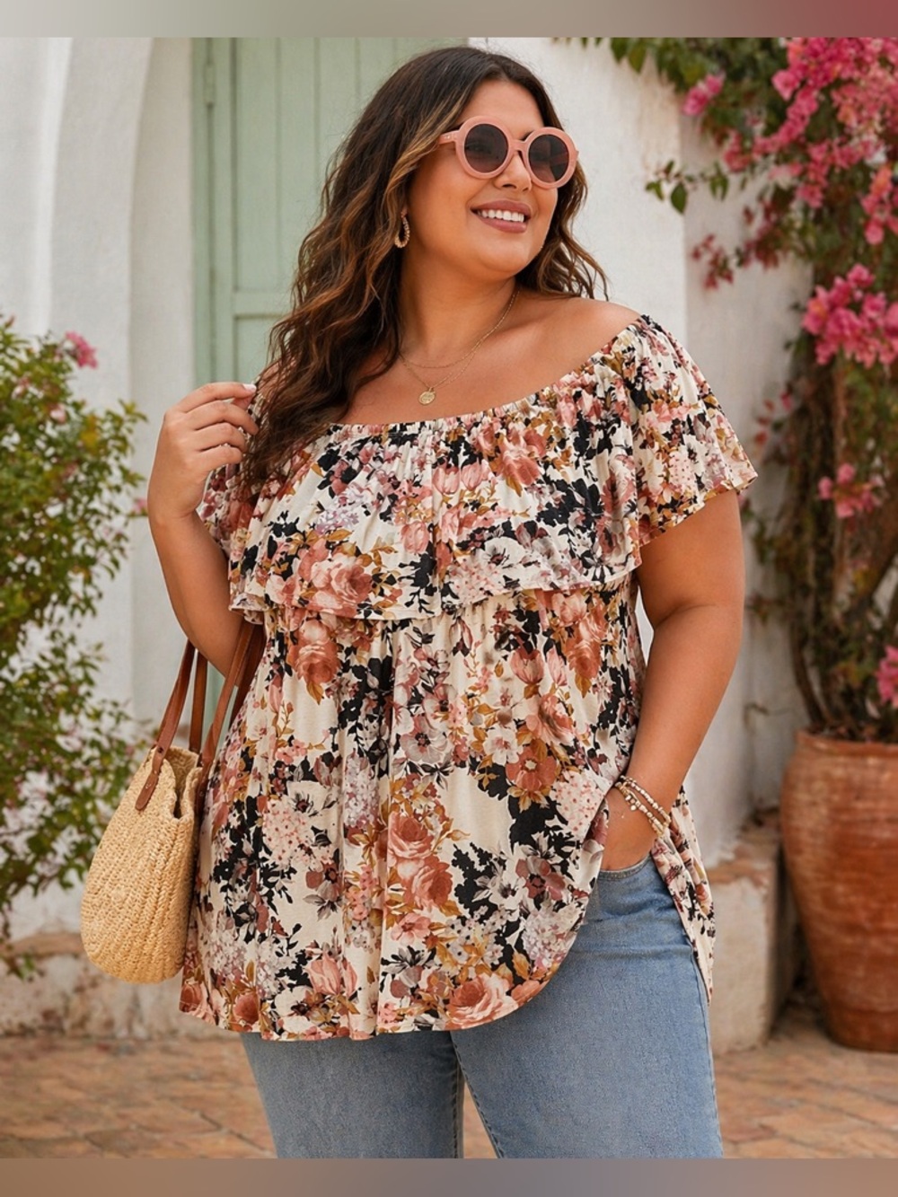 Boho Floral Off Shoulder Top 3X + Round Pink Sunglasses Bundle Outfit